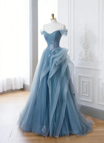 A-line Blue Tulle with Lace Off Shoulder Prom Dress